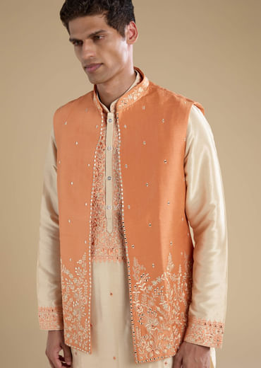 Orange Art Silk Jacket Kurta Set with Mirror Work