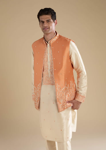 Orange Art Silk Jacket Kurta Set with Mirror Work