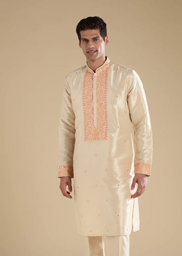 Orange Art Silk Jacket Kurta Set with Mirror Work