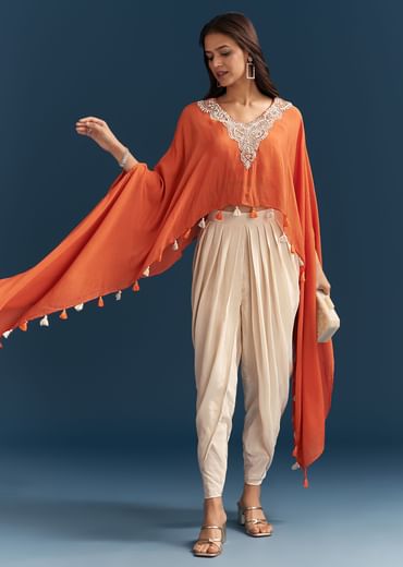 Orange Cape Crop Top Dhoti Set With Moti And Cut Dana Embroidery