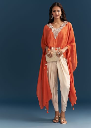 Orange Cape Crop Top Dhoti Set With Moti And Cut Dana Embroidery