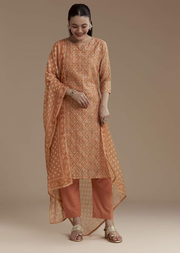 Orange Chanderi Floral Print Kurta Set with Gotta Work