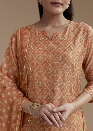 Orange Chanderi Floral Print Kurta Set with Gotta Work