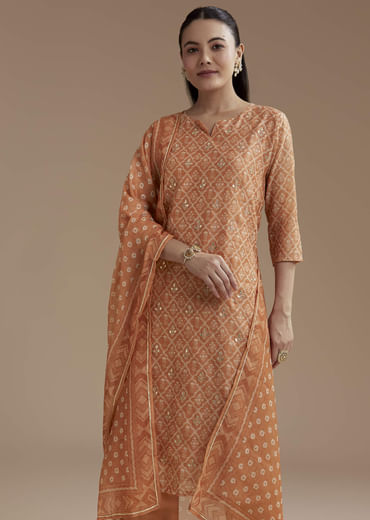 Orange Chanderi Floral Print Kurta Set with Gotta Work