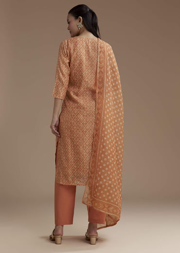 Orange Chanderi Floral Print Kurta Set with Gotta Work