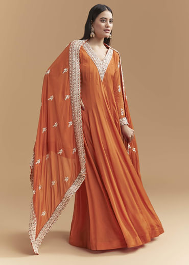 Orange Chinon Anarkali Suit With Intricate Hand Embroidery