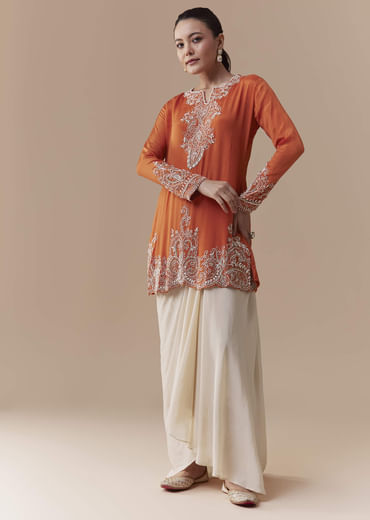 Orange Chinon Kurta Skirt Set with Moti Work