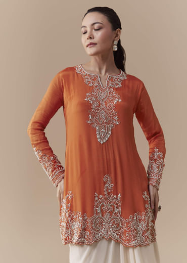 Orange Chinon Kurta Skirt Set with Moti Work