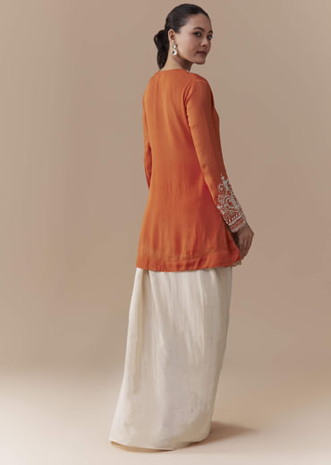 Orange Chinon Kurta Skirt Set with Moti Work
