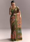 Orange Cotton Saree With Hand Painted Motifs And Green Border