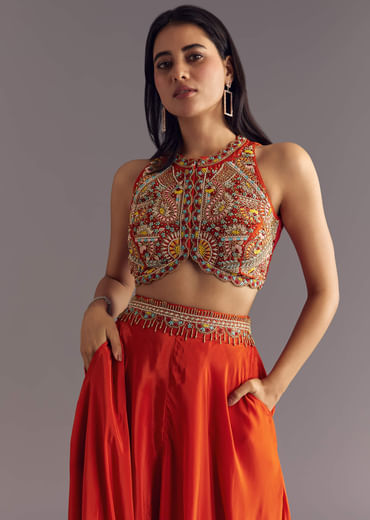 Orange Crepe Zardosi Thread Work Croptop And Palazzo Suit