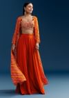 Orange Crop Top Palazzo Set With Printed Chinon Jacket And Zardosi Work