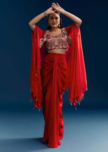 Orange Crop Top Skirt Set With Embroidered Cape