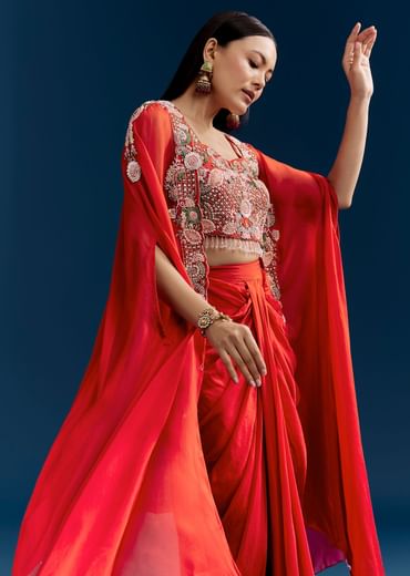 Orange Crop Top Skirt Set With Embroidered Cape