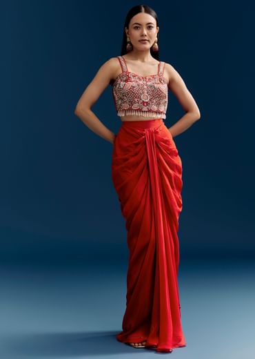 Orange Crop Top Skirt Set With Embroidered Cape