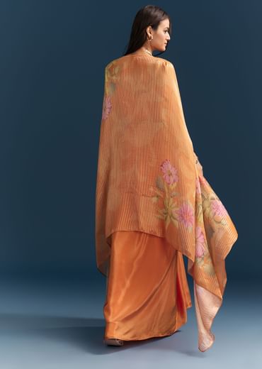 Orange Crop Top Skirt With Floral Cape And Embroidery Accents