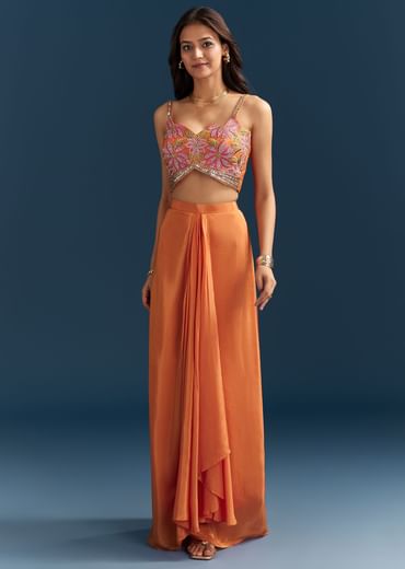 Orange Crop Top Skirt With Floral Cape And Embroidery Accents