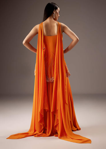 Orange Georgette Palazzo Suit With Heavy Embroidery