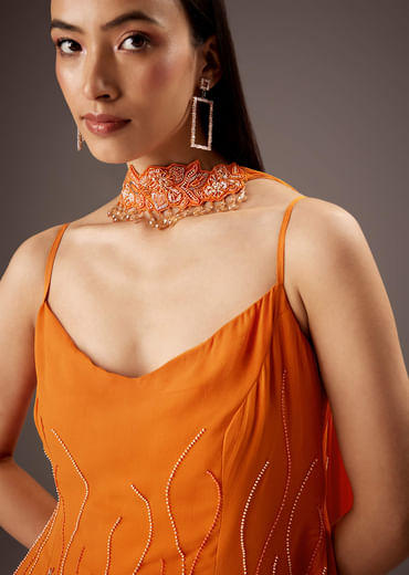 Orange Georgette Palazzo Suit With Heavy Embroidery