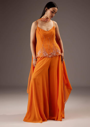 Orange Georgette Palazzo Suit With Heavy Embroidery