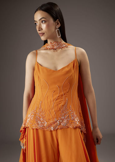 Orange Georgette Palazzo Suit With Heavy Embroidery