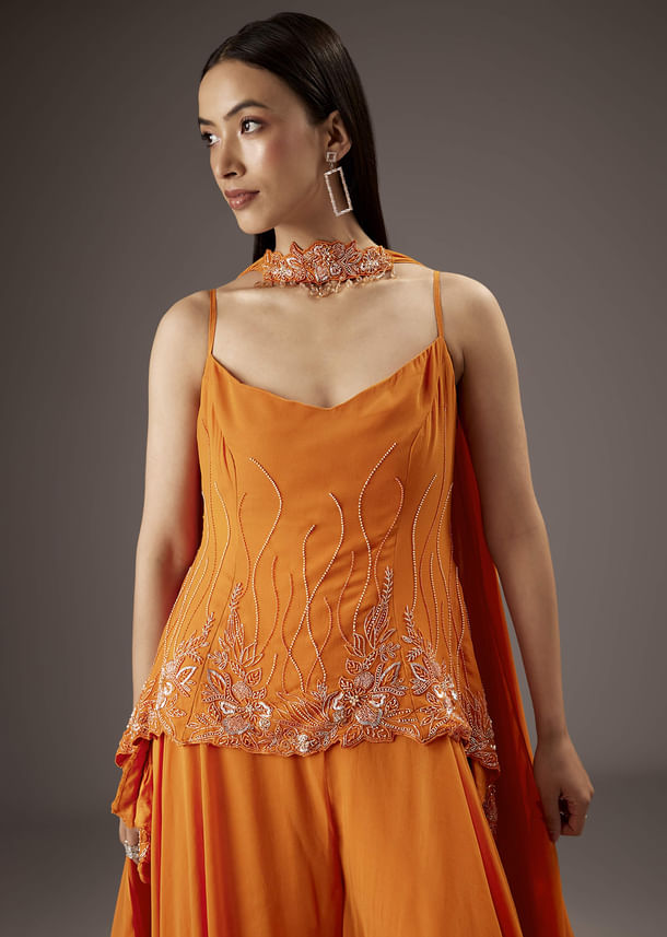 Orange Georgette Palazzo Suit With Heavy Embroidery