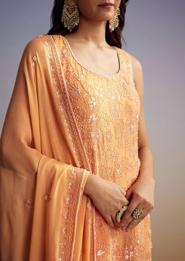 Orange Georgette Sharara Suit With Embroidered Kurta And Dupatta