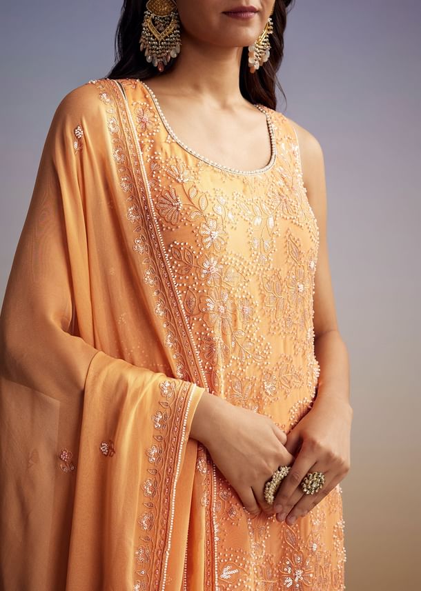 Orange Georgette Sharara Suit With Embroidered Kurta And Dupatta
