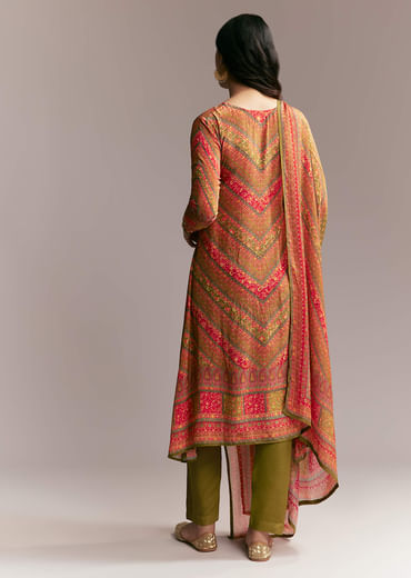 Orange Green Printed Kurta Set