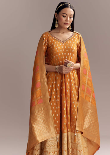 Orange Jacquard Anarkali Suit With Woven Brocade Dupatta