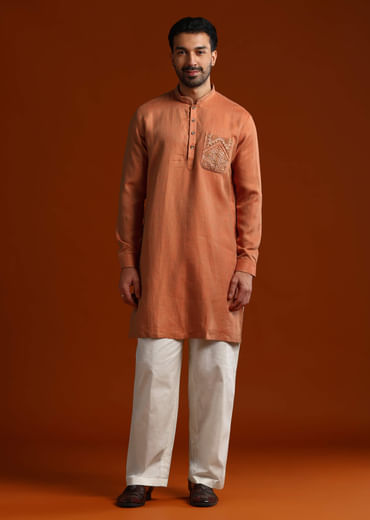Orange Kurta Set For Men With Resham Work