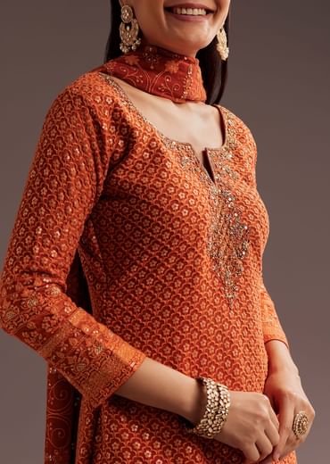 Orange Lucknowi Mirror Zardosi Kurta Palazzo Dupatta Set