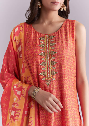 Orange Muslin Anarkali Suit With Indie Print
