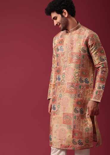 Orange Printed Kurta Set In Silk