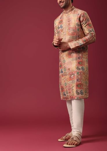 Orange Printed Kurta Set In Silk