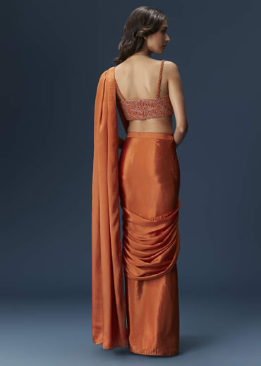 Orange Ready Pleated Saree With Square Neck Blouse