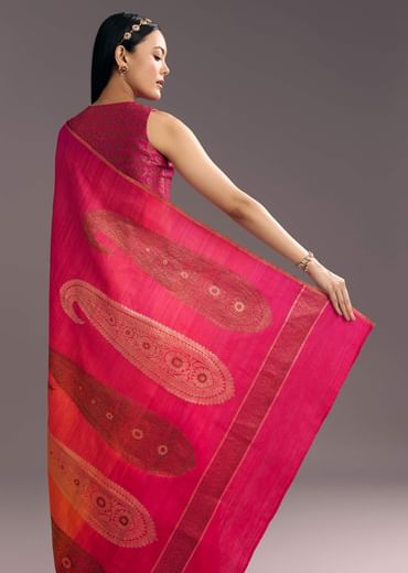 Orange Red Shaded Kora Silk Handloom Saree With Woven Motif