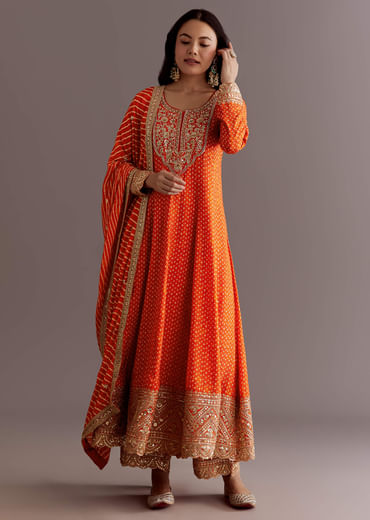 Orange Russian Silk Bandhani Anarkali Dupatta Suit