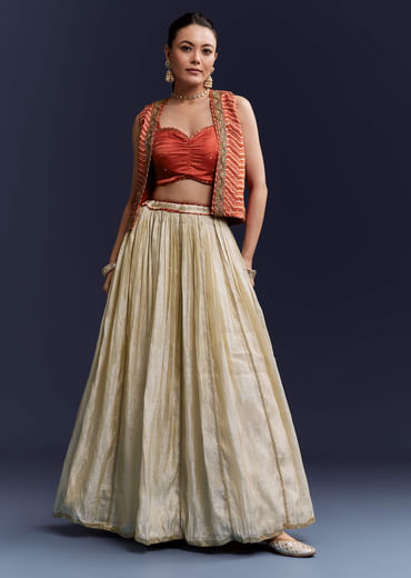 Orange Satin Festive Lehenga With Hand Dyed Chevron Print Jacket