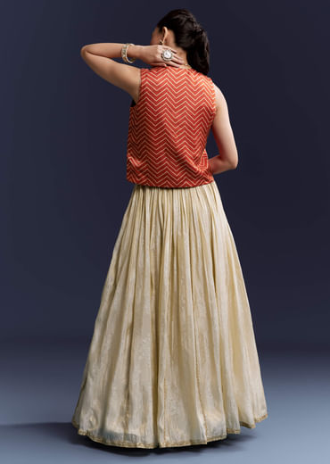 Orange Satin Festive Lehenga With Hand Dyed Chevron Print Jacket