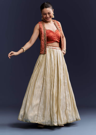 Orange Satin Festive Lehenga With Hand Dyed Chevron Print Jacket