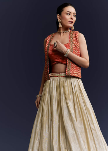 Orange Satin Festive Lehenga With Hand Dyed Chevron Print Jacket