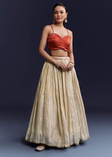 Orange Satin Festive Lehenga With Hand Dyed Chevron Print Jacket