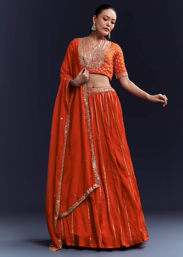 Orange Silk Bridesmaid Lehenga Set with Gota Lace Work Orange Silk Bridesmaid Lehenga Set with Gota Lace Work
