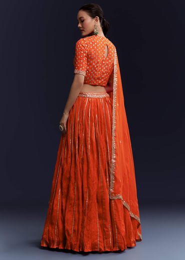 Orange Silk Bridesmaid Lehenga Set with Gota Lace Work Orange Silk Bridesmaid Lehenga Set with Gota Lace Work