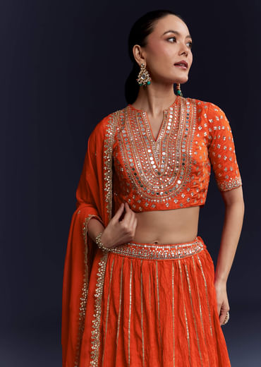 Orange Silk Bridesmaid Lehenga Set with Gota Lace Work Orange Silk Bridesmaid Lehenga Set with Gota Lace Work