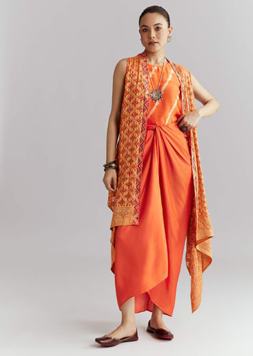 Orange Silk Crop Top And Wrap Skirt Set With Bandhani Print