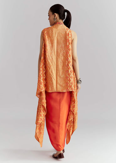 Orange Silk Crop Top And Wrap Skirt Set With Bandhani Print