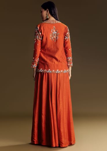 Orange Silk Crop Top Set With Thread And Sequin Jacket