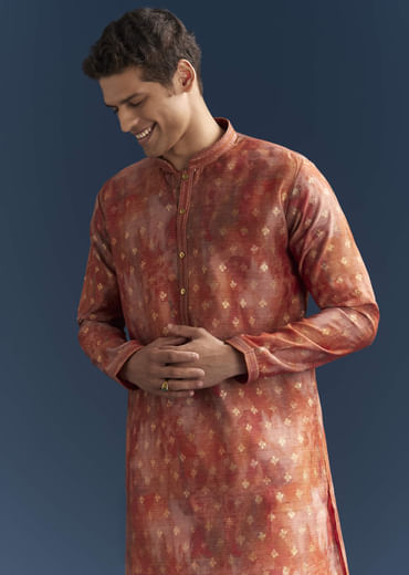 Orange Silk Kurta Set For Men With Abstract And Foil Print